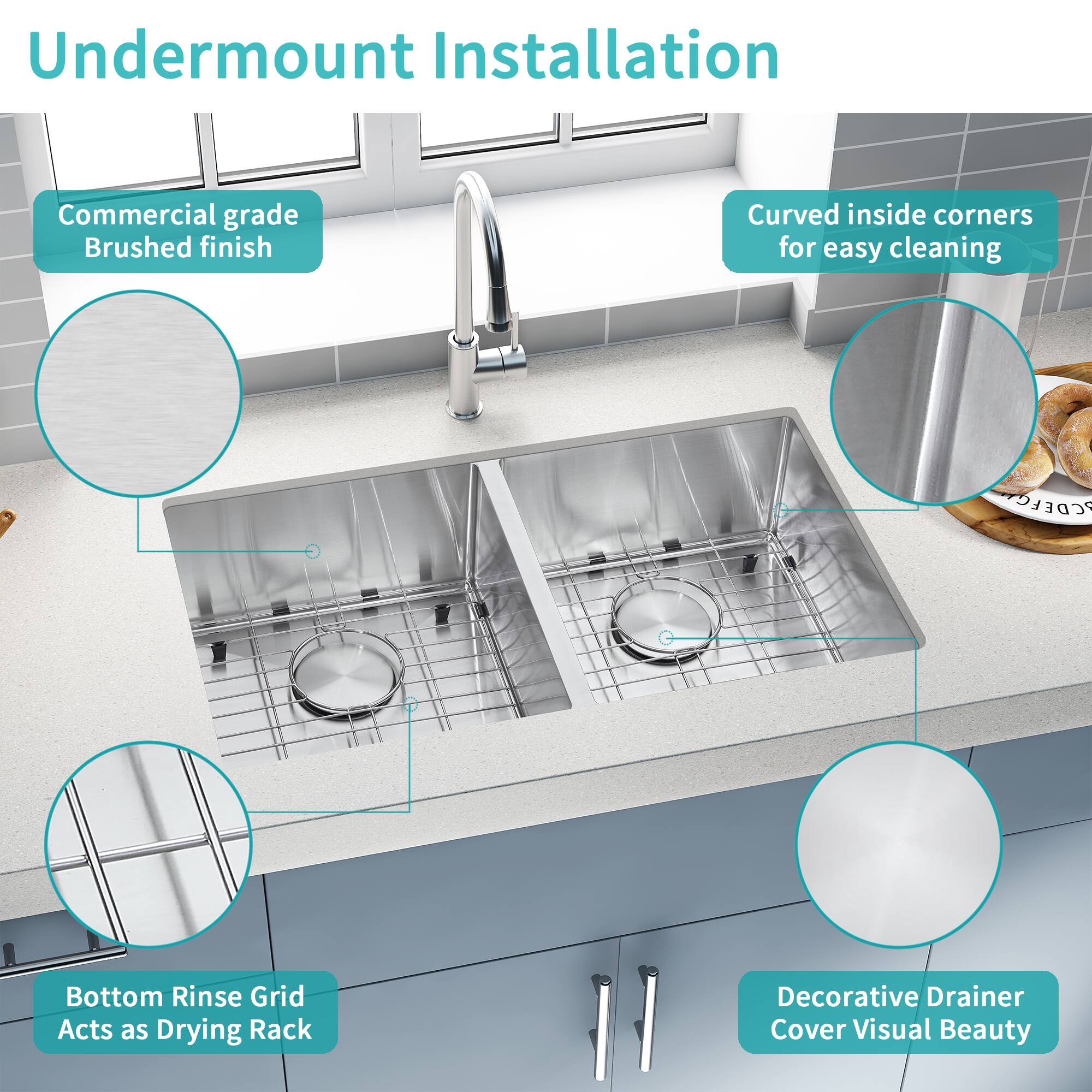 Undermount Installation

- Commercial grade Brushed finish
- Curved inside corners for easy cleaning
- Bottom Rinse Grid Acts as Drying Rack
- Decorative Drainer Cover Visual Beauty