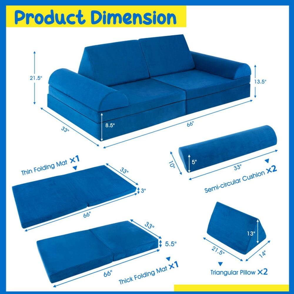 Product Dimension

- 21.5" x 13.5" x 33" x 8.5" x 66"
- Thin Folding Mat x1: 33" x 3" x 10" x 5"
- Semi-circular Cushion x2: 66" x 33" x 13" x 5.5"
- Thick Folding Mat x1: 66" x 21.5" x 14"
- Triangular Pillow x2: 21.5" x 14"