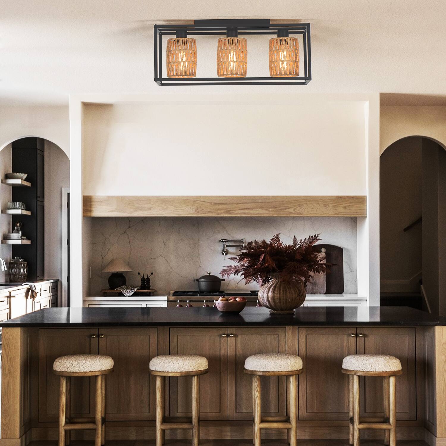 Left. Umeiluce - 3 Lights Handmade Woven Paper Flush Mount light Farmhouse Style Light - Black and brown.