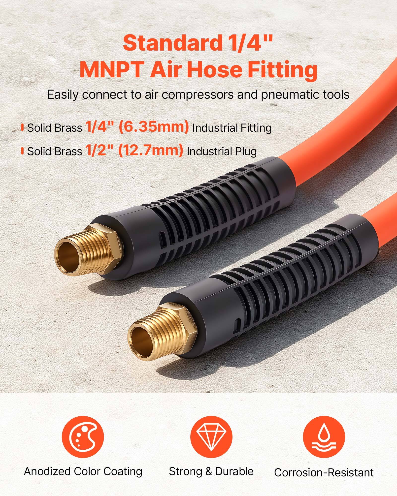 Standard 1/4" MNPT Air Hose Fitting  
Easily connect to air compressors and pneumatic tools  

- Solid Brass 1/4" (6.35mm) Industrial Fitting  
- Solid Brass 1/2" (12.7mm) Industrial Plug  

Anodized Color Coating  
Strong & Durable  
Corrosion-Resistant