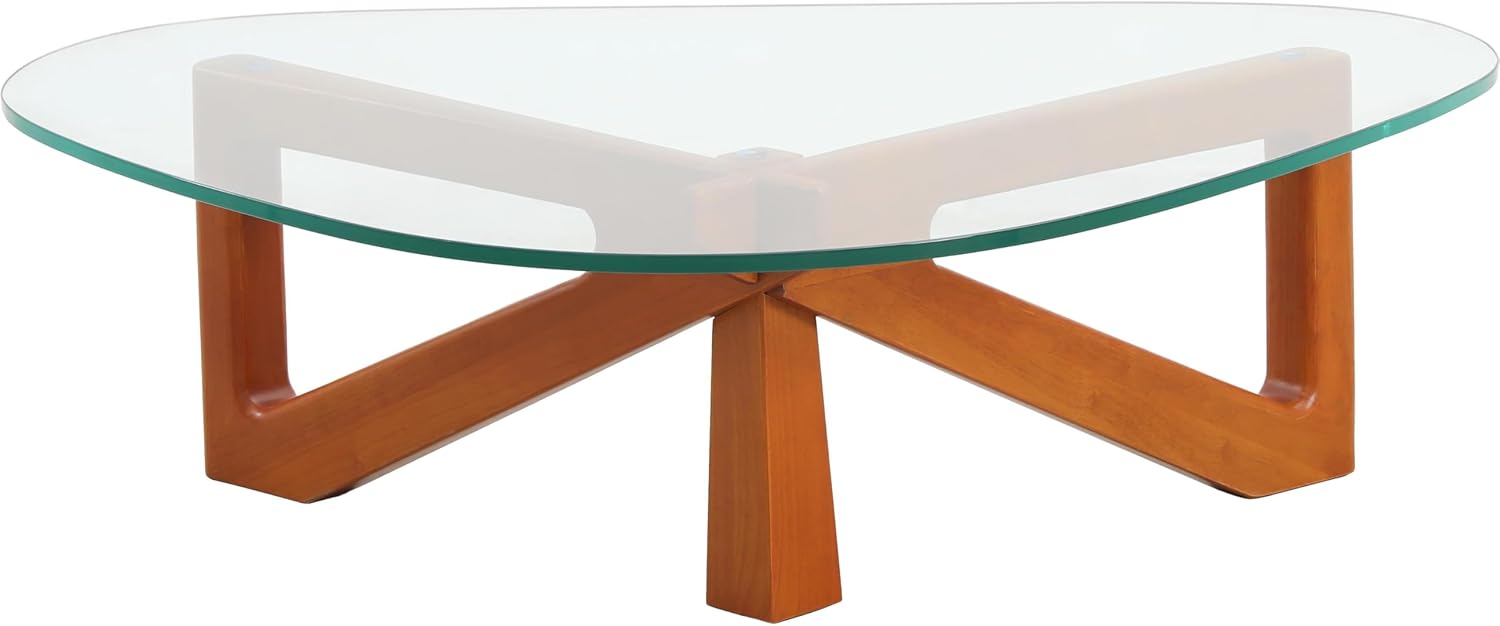 Alt View 3. LeisureMod - Imperial Modern Triangular Tempered Glass Coffee Table with Cross-Brace Wooden Base for Home & Living Room - Light Walnut.