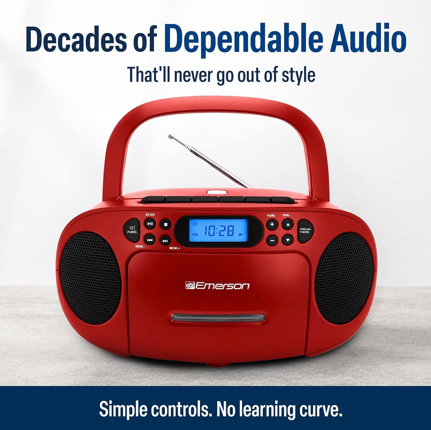 Decades of Dependable Audio That'll never go out of style

SCAN TUN VTL II

FUNC .. MEM . sN MEM DO

FM 10:28 - + I A - 

Emerson

Simple controls. No learning curve.