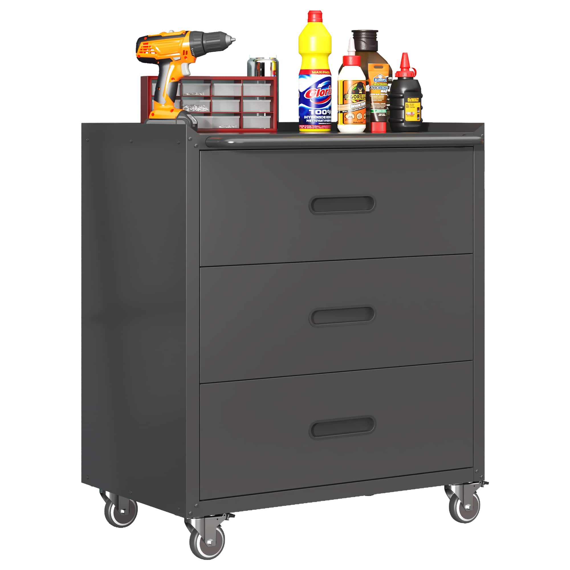 Dexmalle - Dexmalle-Heavy-Duty 3 Drawer Metal Storage Cabinet with Wheels-Black