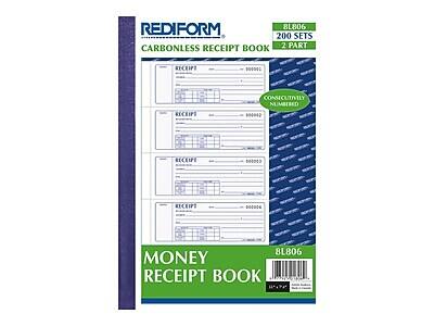 REDIFORM 8L806 200 SETS CARBONLESS RECEIPT BOOK 2 PART RECEIPT CONSECUTIVELY NUMBERED 0.042 RCEIPT 000001 RECEIPT 000002 RECEIPT 000003 RECEIPT 000004 8L806 MONEY RECEIPT BOOK