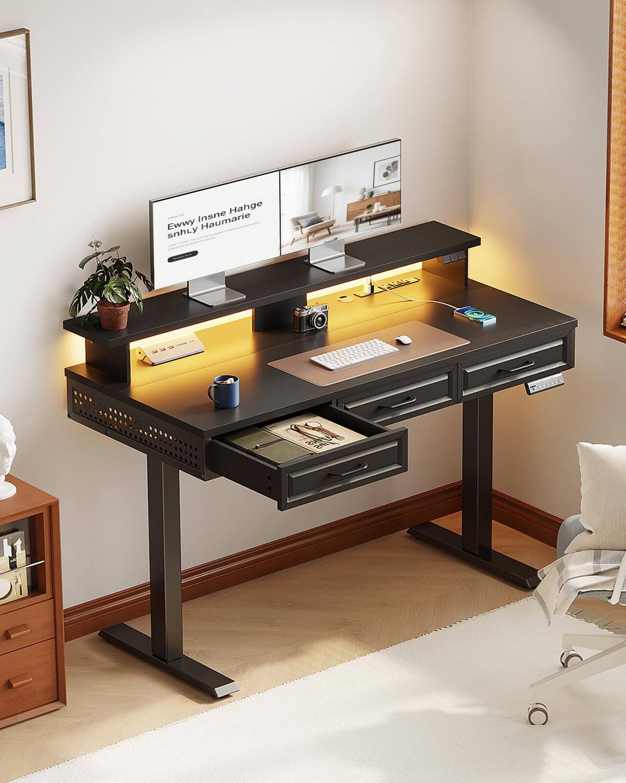 OffiGo 48 Inch Electric Standing Desk with 3 Wooden Drawers