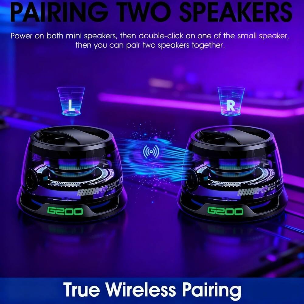 PAIRING TWO SPEAKERS

Power on both mini speakers, then double-click on one of the small speaker, then you can pair two speakers together.

True Wireless Pairing