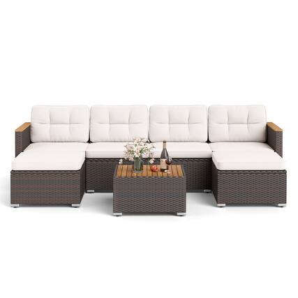 Front. Gymax - Gymax Set Of 7 Wicker Conversation Set w/ Seat & Back Cushions Wood Armrests & Tabletop - Off White, Mix Brown.