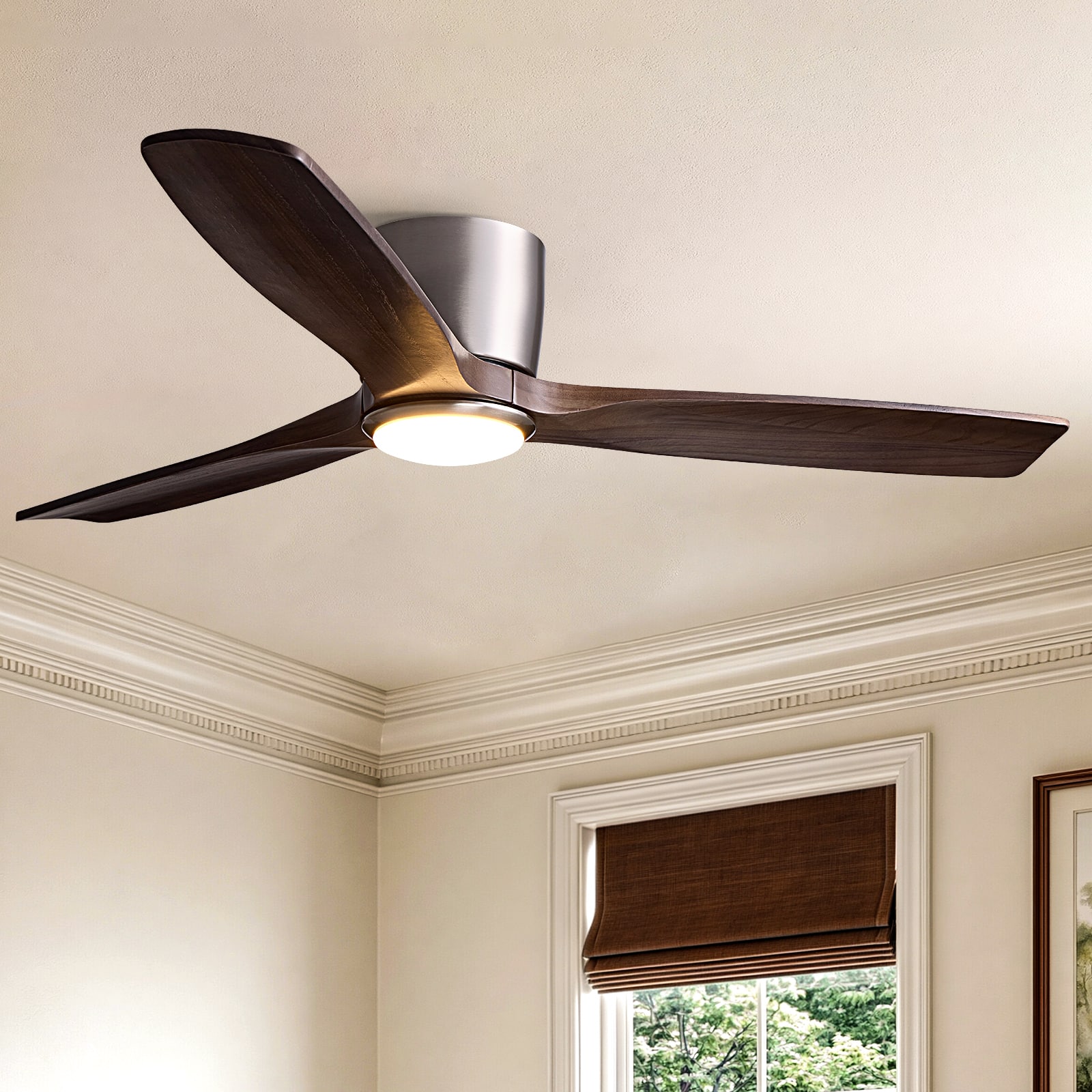 Siljoy - 52 Inch Low Profile Ceiling Fan Light 3 Natural Wood Blades LED Fan For Indoor Living Bedroom - Brushed Nickel price history on PriceWatchPro