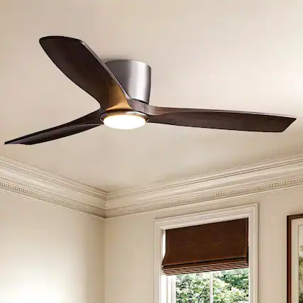 Front. Siljoy - 52 Inch Brushed Nickel Low Profile Ceiling Fan Light 3 Natural Wood Blades LED Fan For Indoor Living Bedroom - Brushed Nickel.