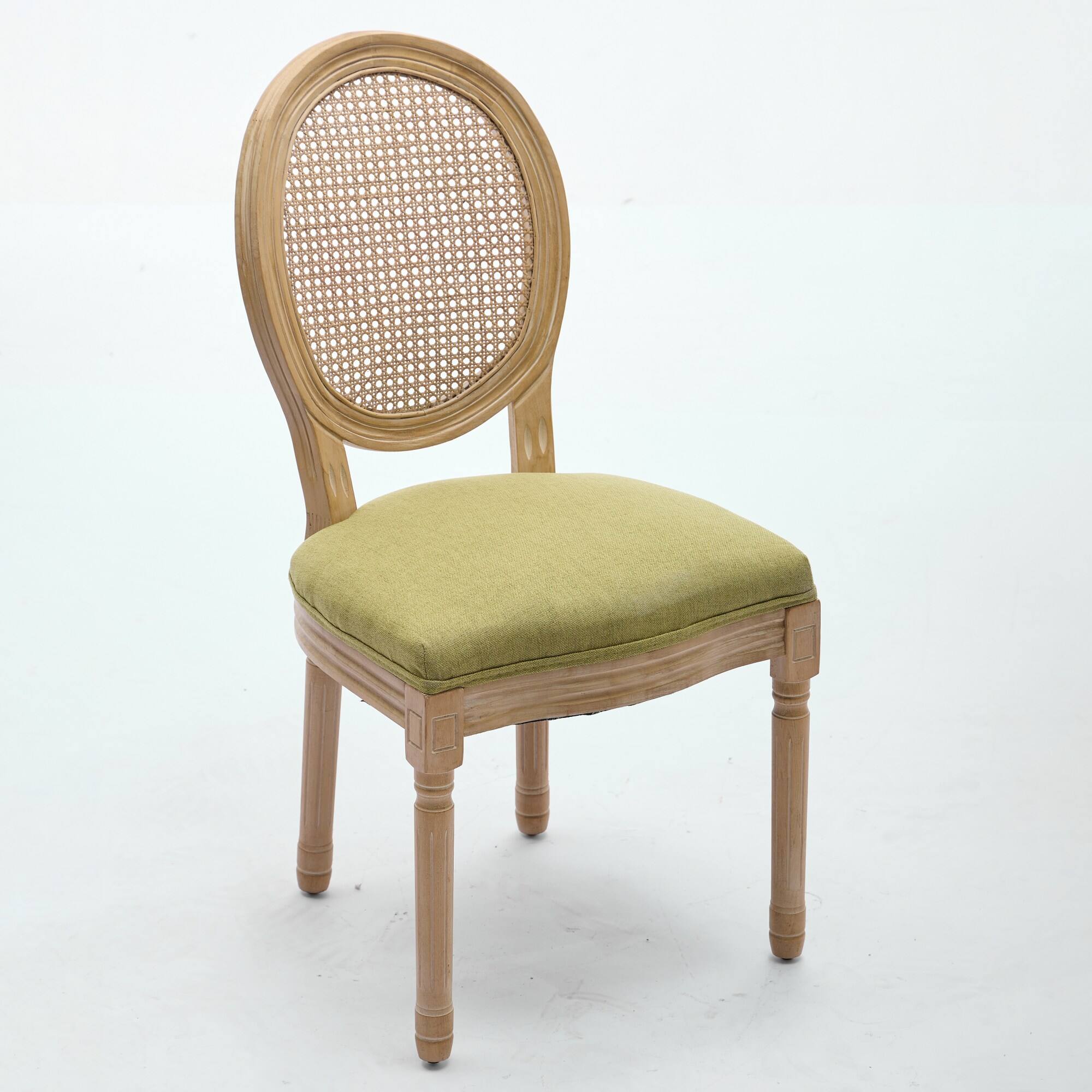 Back. Tiramisubest - French Style Solid Wood Frame Antique Painting Linen Fabric Rattan Back Dining Chair,Set of 2,Olive-Green - Olive Green.