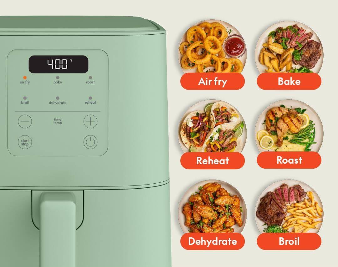 air fry Y 400 bake roast Air fry Bake broil dehydrate reheat | time temp start stop Reheat Roast Dehydrate Broil