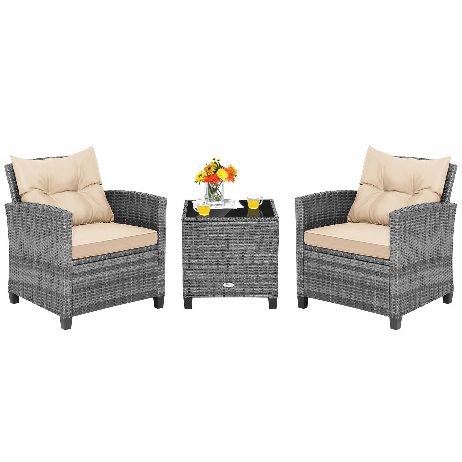Alt View 8. Gymax - Gymax 3PCS Patio Rattan Furniture Bistro Set Cushioned Sofas Side Table Armrest - Grey.