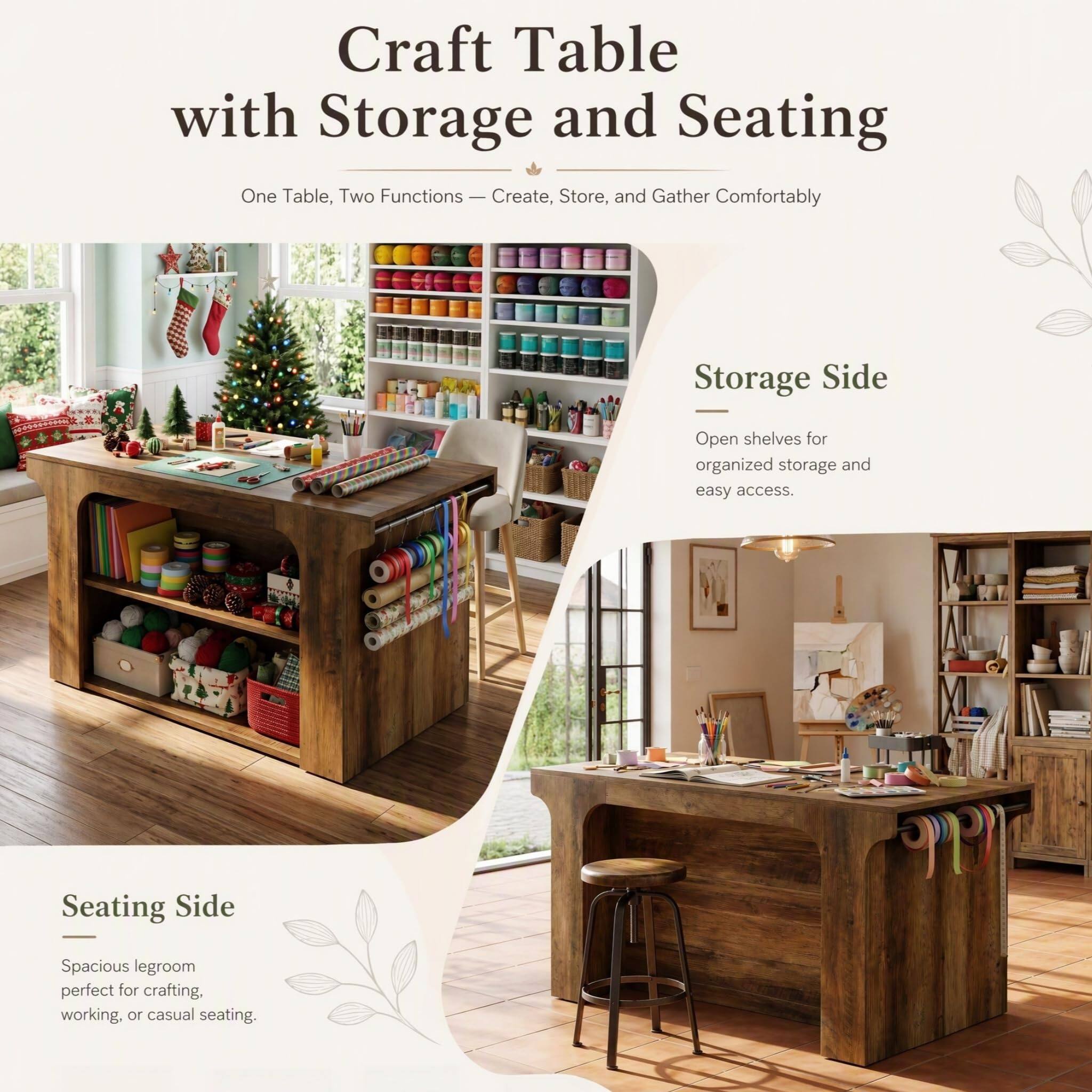 Craft Table with Storage and Seating  
One Table, Two Functions — Create, Store, and Gather Comfortably  

Storage Side  
Open shelves for organized storage and easy access.  

Seating Side  
Spacious legroom perfect for crafting, working, or casual seating.