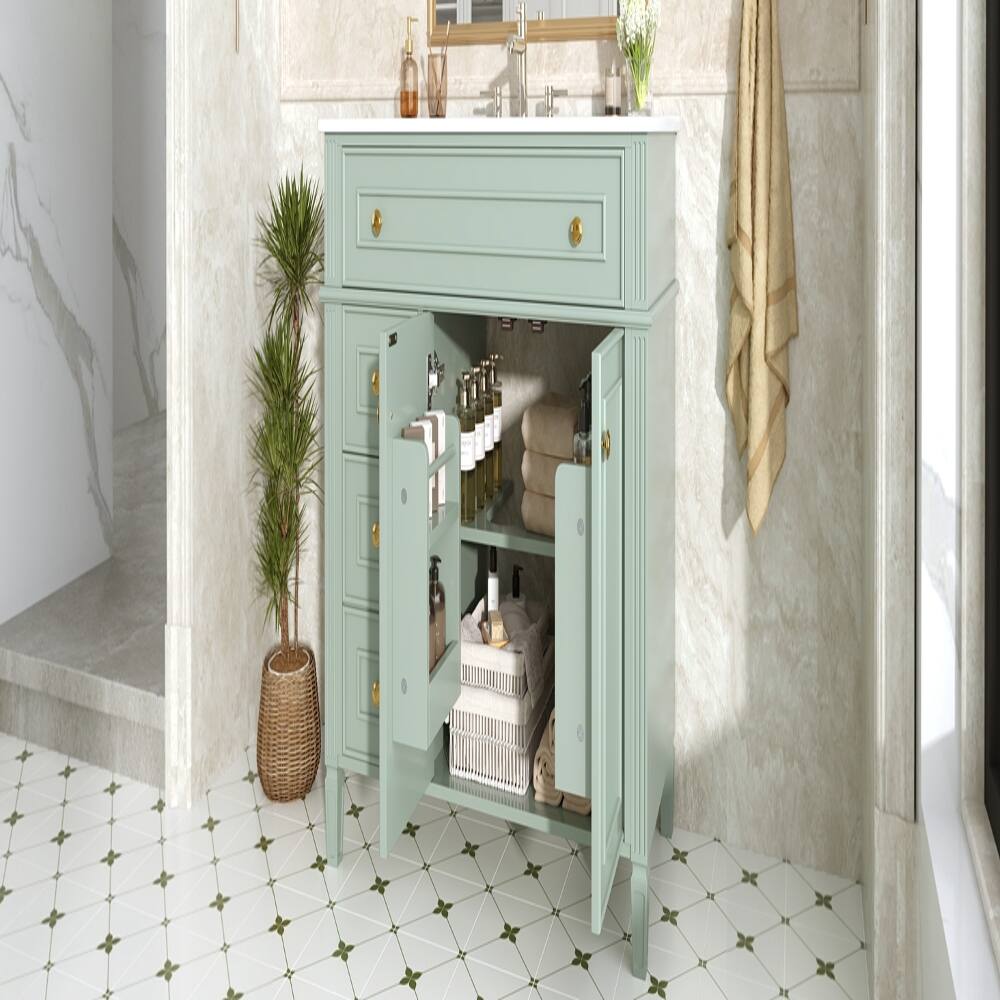 Alt View 3. Loheer - Loheer 36 Inch Bathroom Vanity with Sink, Green Solid Wood Cabinet, Flip-Out Drawer & Gold Handles - Green.