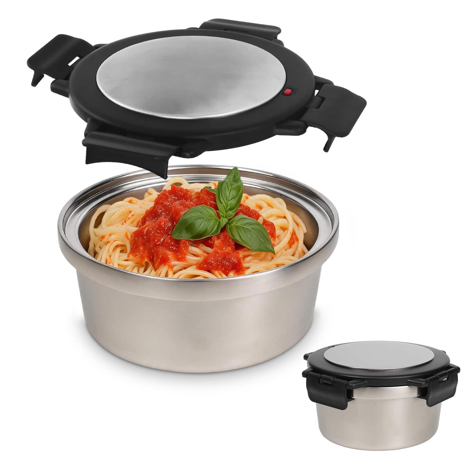 KOOMADE - 304 Stainless Steel Divided Insulated Bento Box, Leakproof Lunch Box 4H Warm 8H Cold Container with Thermal Bag - Silver Lunch Box with Black Lid