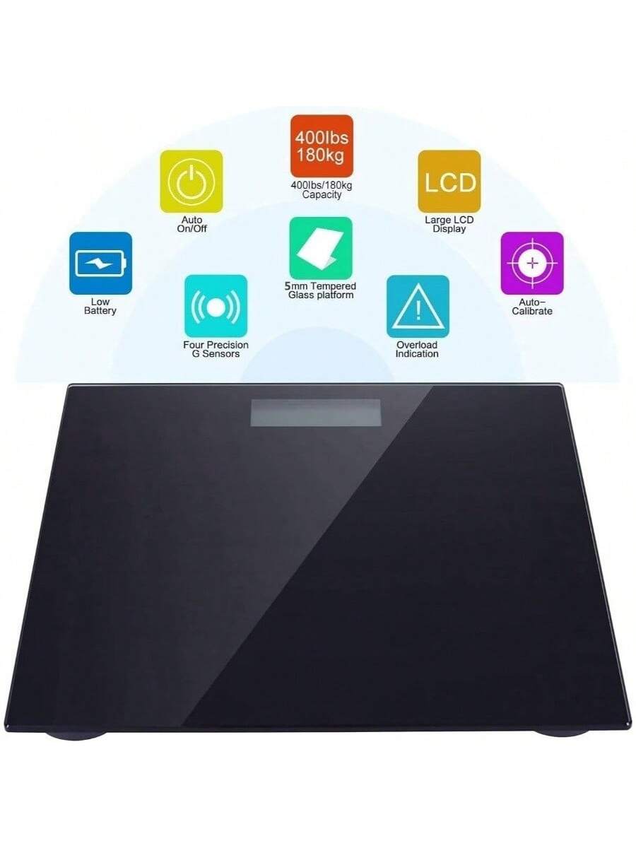 400lbs / 180kg Capacity  
Auto On/Off  
Large LCD Display  
Low Battery  
5mm Tempered Glass Platform  
Four Precision G Sensors  
Overload Indication  
Auto-Calibrate
