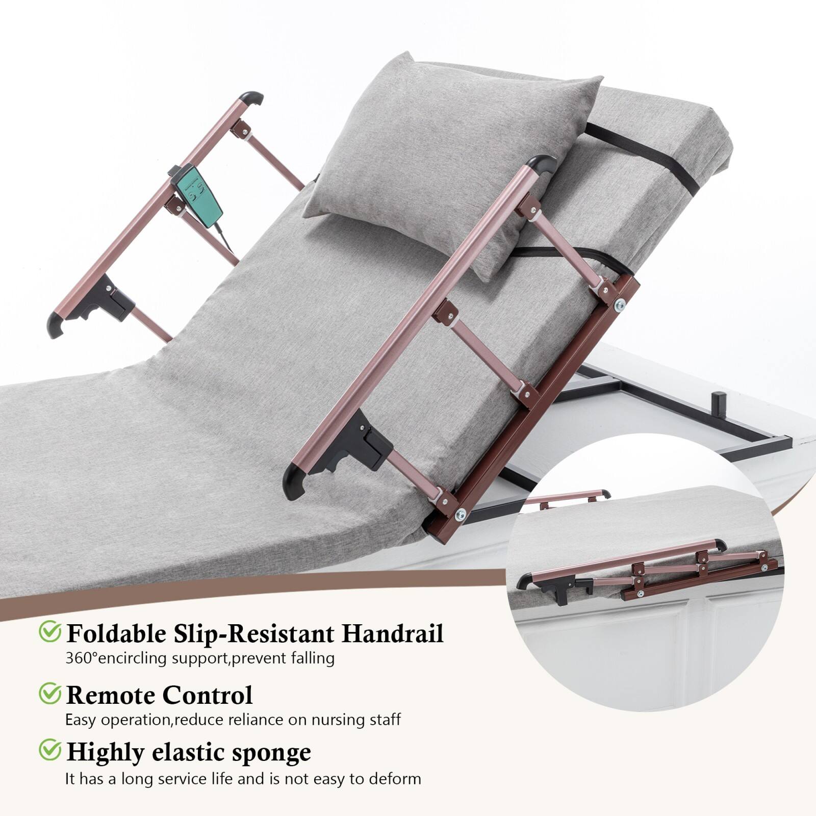- Foldable Slip-Resistant Handrail
  - 360° encircling support, prevent falling

- Remote Control
  - Easy operation, reduce reliance on nursing staff

- Highly elastic sponge
  - It has a long service life and is not easy to deform