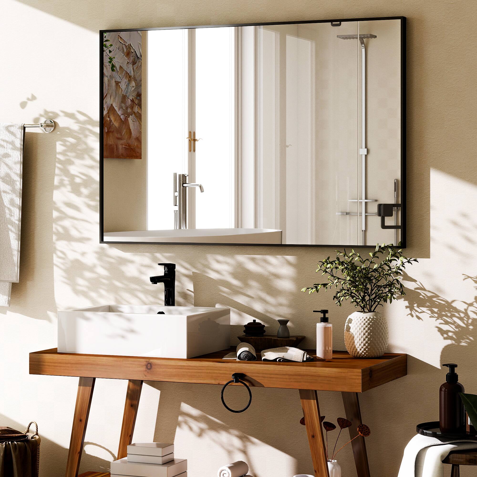 Angle. Easly - Black 30 in. W x 40 in. H Rectangle Aluminum Alloy Frame Vanity Wall Mirror - Black.