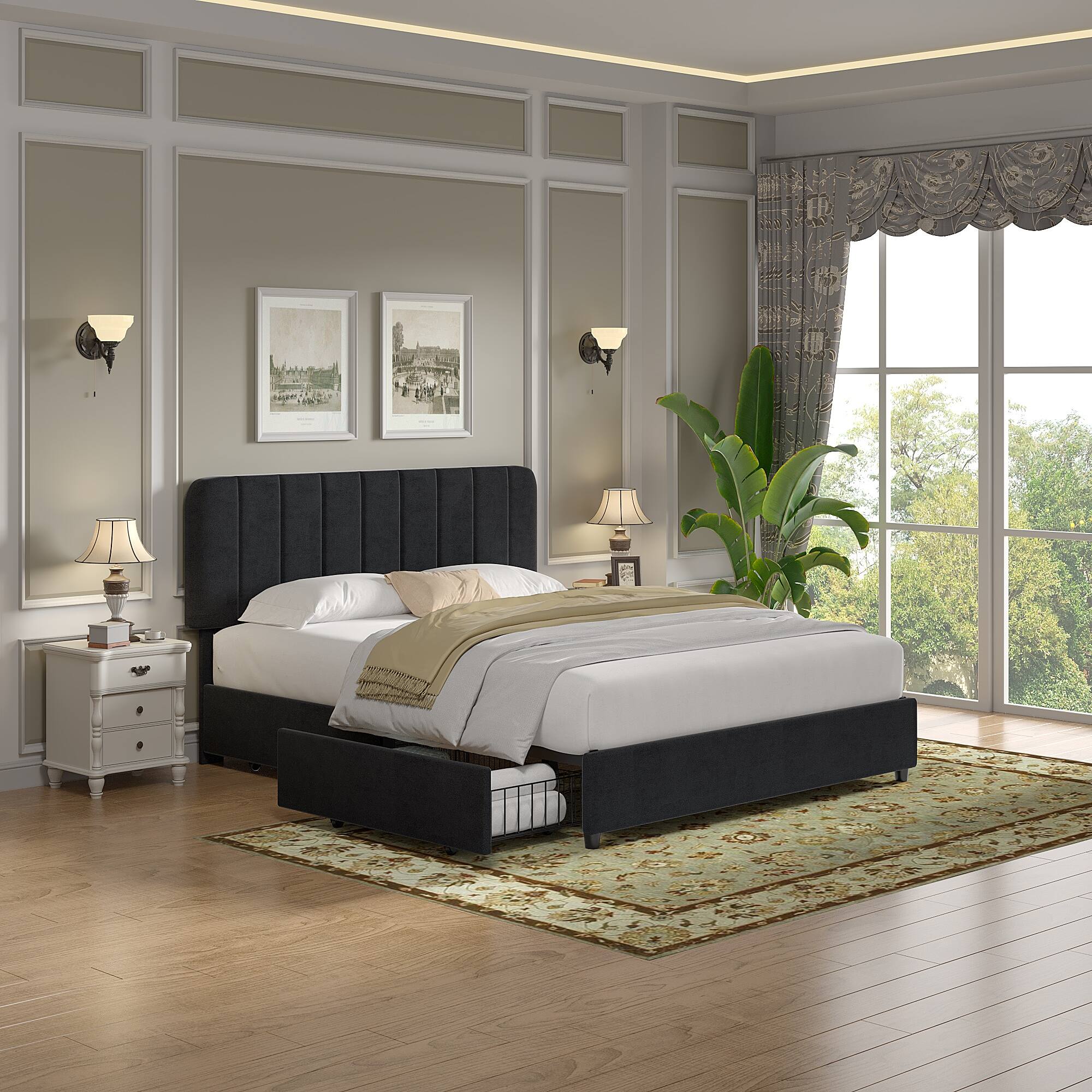 Alt View 4. Vecelo - Queen Size Storage Bed Frame with 4 Drawers - Velvet Upholstered, Adjustable Headboard, 800lb Capacity, Noise Free - Black.