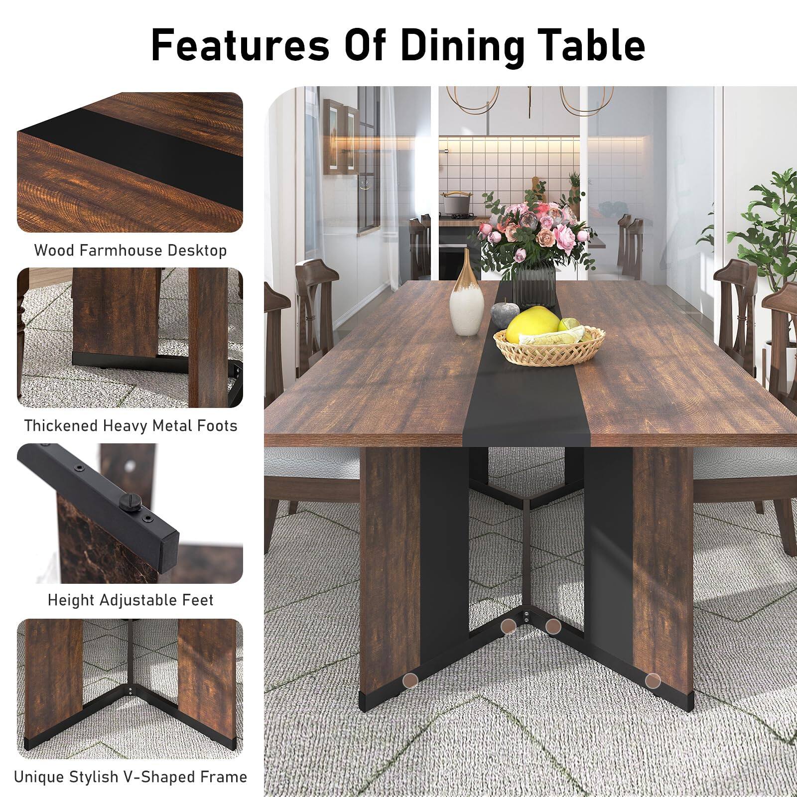 Features Of Dining Table  
- Wood Farmhouse Desktop  
- Thickened Heavy Metal Feet  
- Height Adjustable Feet  
- Unique Stylish V-Shaped Frame
