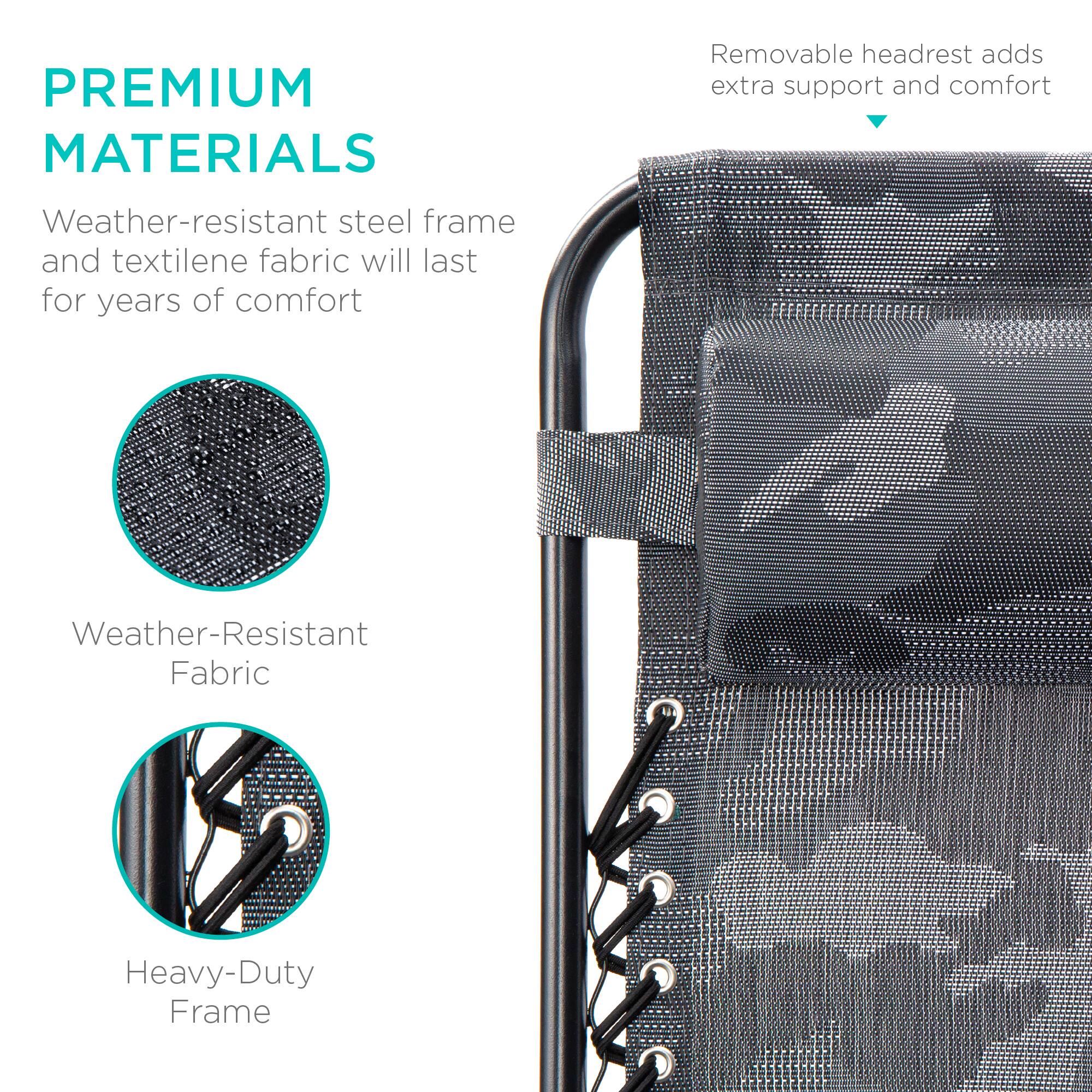 **PREMIUM MATERIALS**

- Weather-resistant steel frame and textilene fabric will last for years of comfort

- Removable headrest adds extra support and comfort

- Weather-Resistant Fabric

- Heavy-Duty Frame