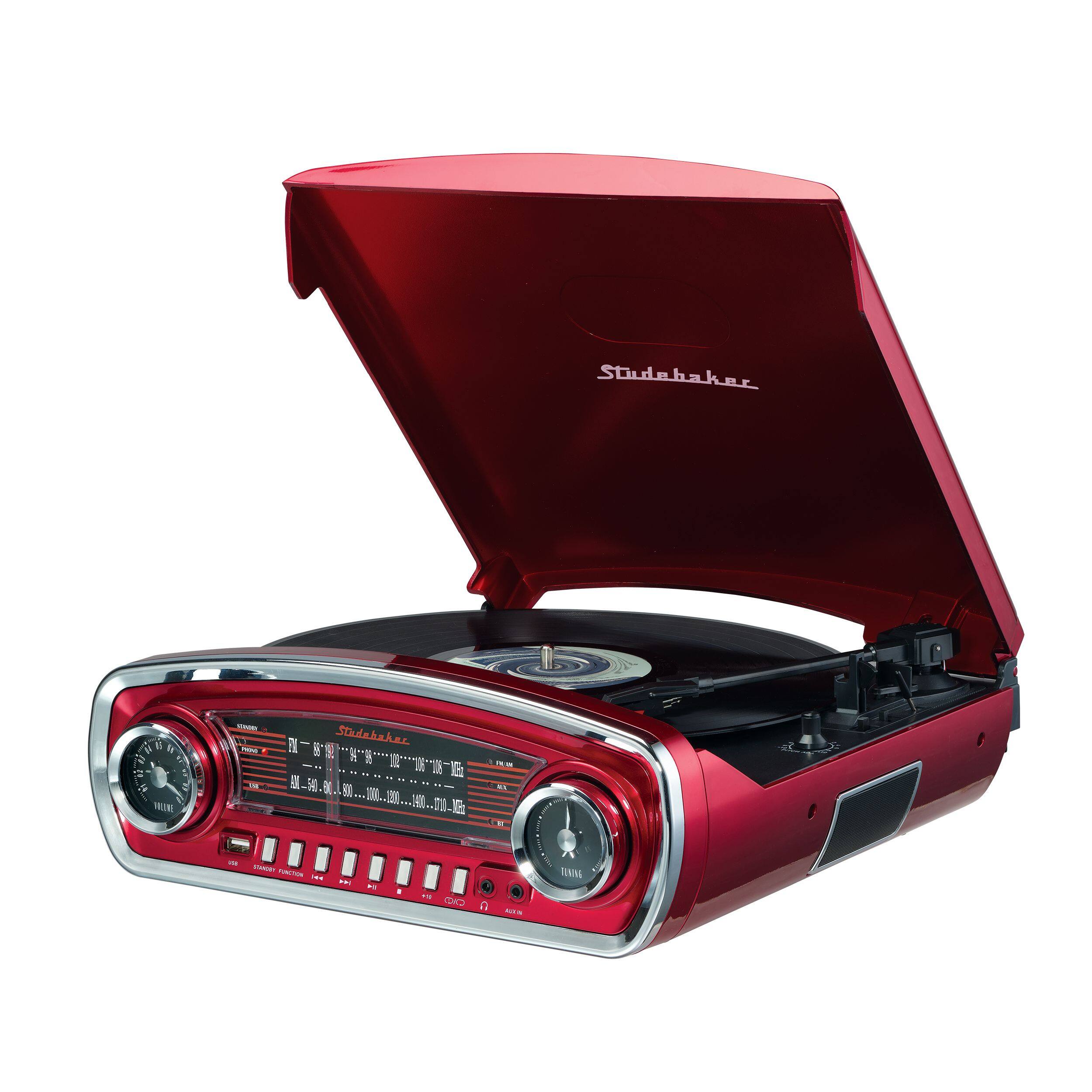 Studebaker - SB6057R 3-Speed Turntable with Bluetooth Receiver and AM/FM Radio - Red