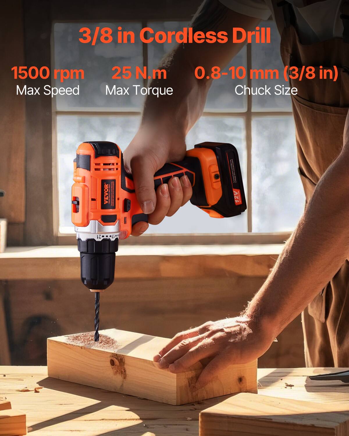 3/8 in Cordless Drill

1500 rpm  
Max Speed

25 N.m  
Max Torque

0.8-10 mm (3/8 in)  
Chuck Size

VEVOR  
12V
