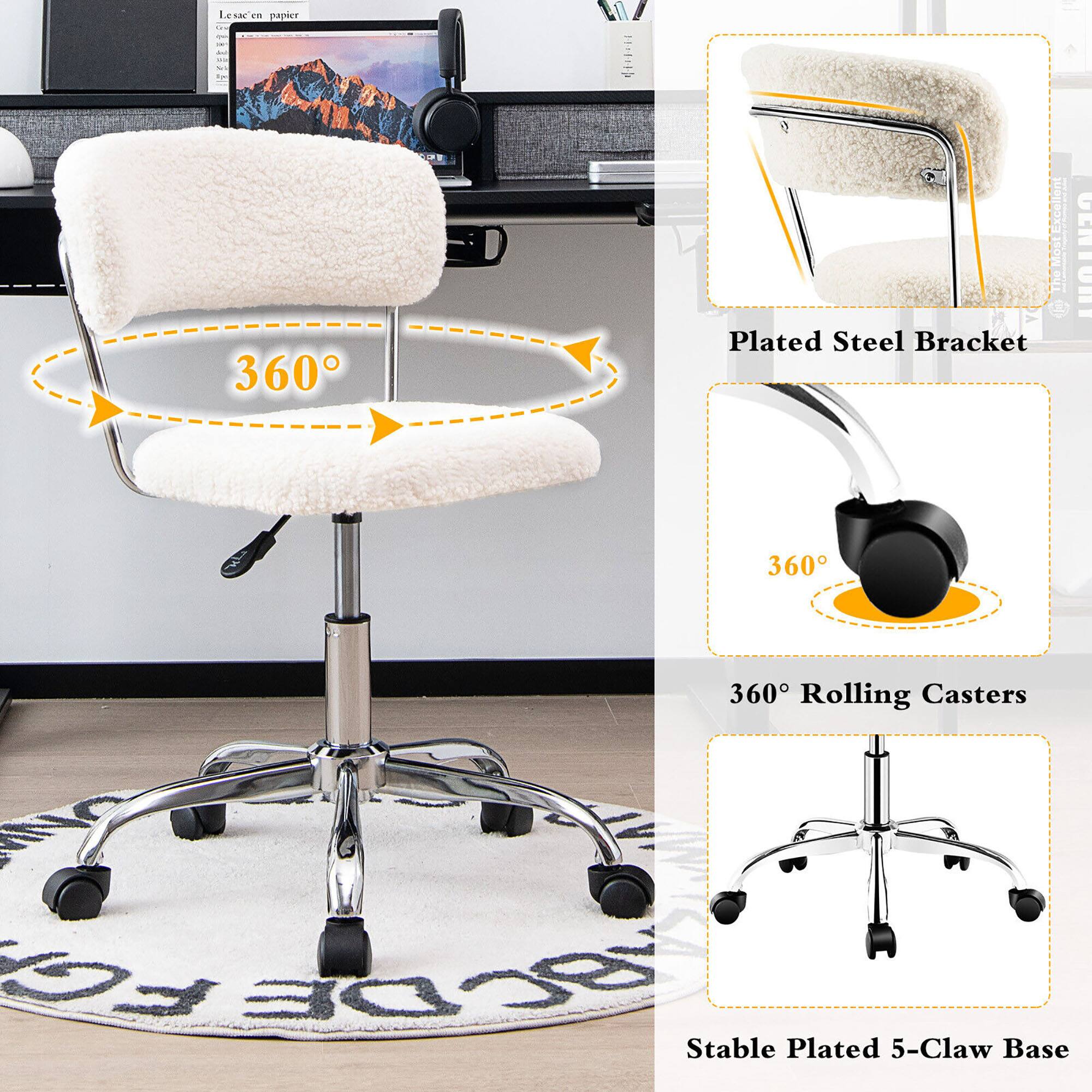 The image features a white chair with a 360-degree view, showcasing its design and features. The chair is described as having a stable plated 5-claw base, which provides stability and durability. Additionally, the chair is equipped with 360 rolling casters, allowing for easy movement and maneuverability. The chair is also shown in a workspace setting, with a desk and a computer mouse nearby.