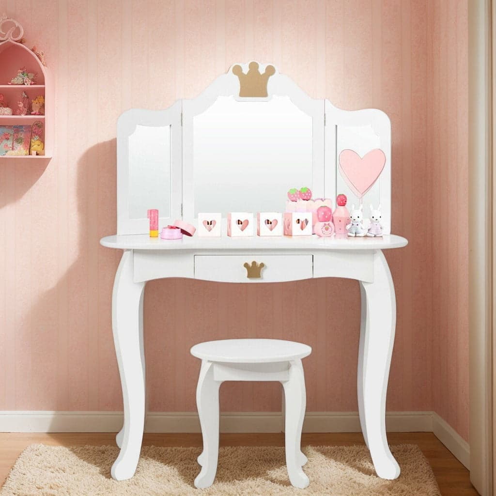 Kadyn - Kids Makeup Dressing Table with Tri-folding Mirror and Stool- Kids Makeup Vanity for Girls Kids - White