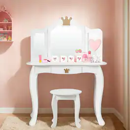 Kadyn - Kids Makeup Dressing Table with Tri-folding Mirror and Stool- Kids Makeup Vanity for Girls Kids - White