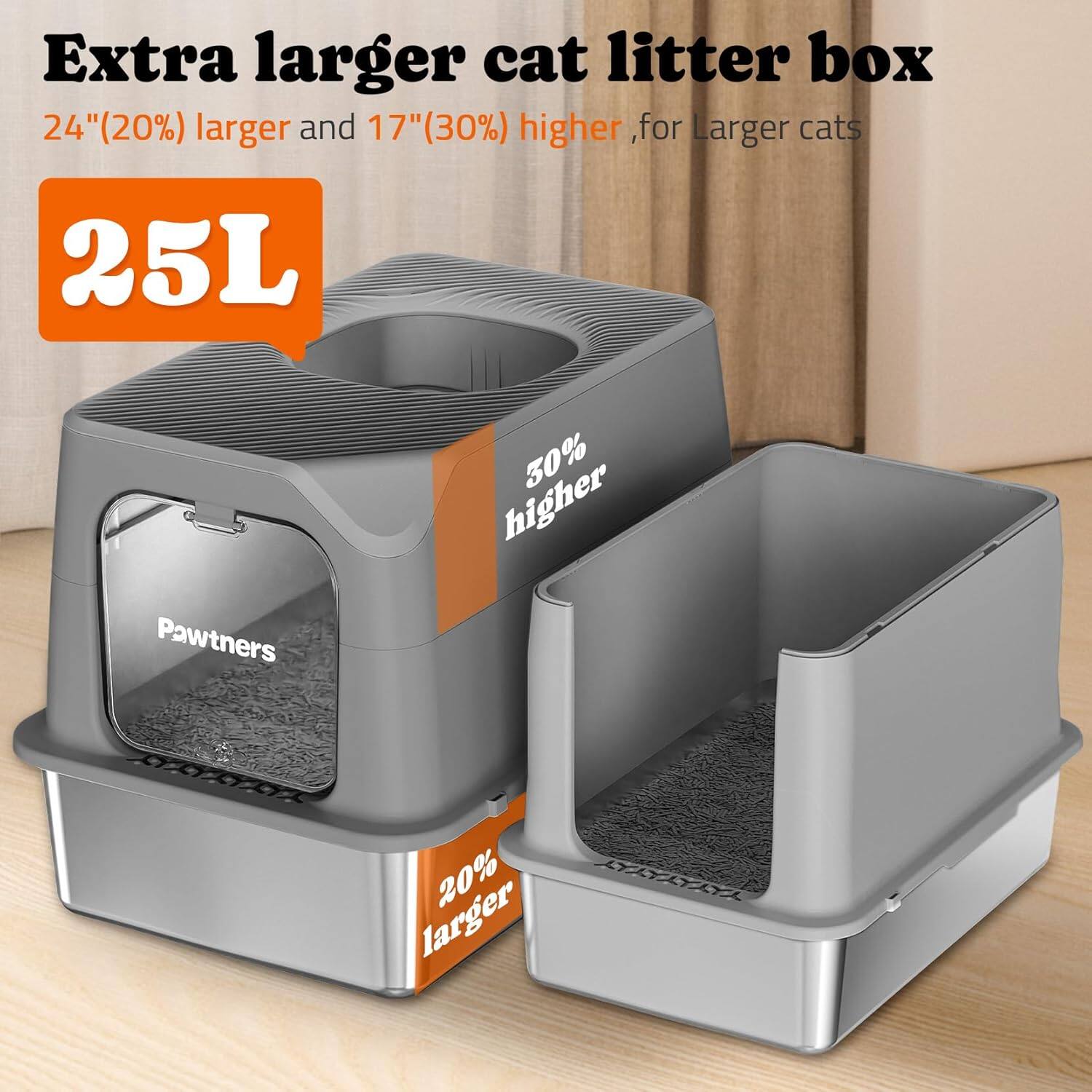 Extra larger cat litter box 24"(20%) larger and 17"(30%) higher, for larger cats 25L Pawtners 30% higher 20% larger