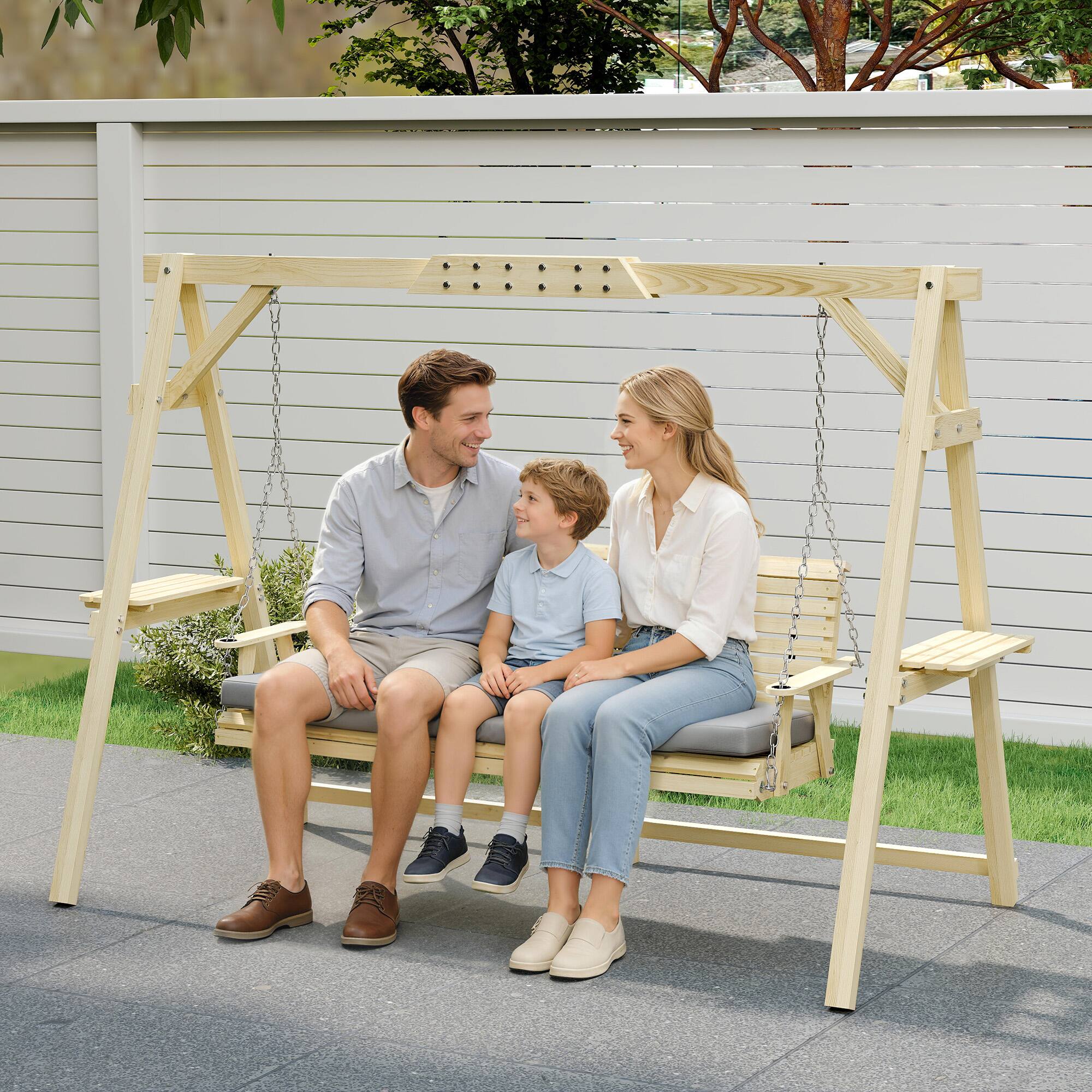 Alt View 8. Outsunny - Seat Wooden Porch Swing with Stand, Patio Swing with Cushion, for Garden, Poolside, Backyard.