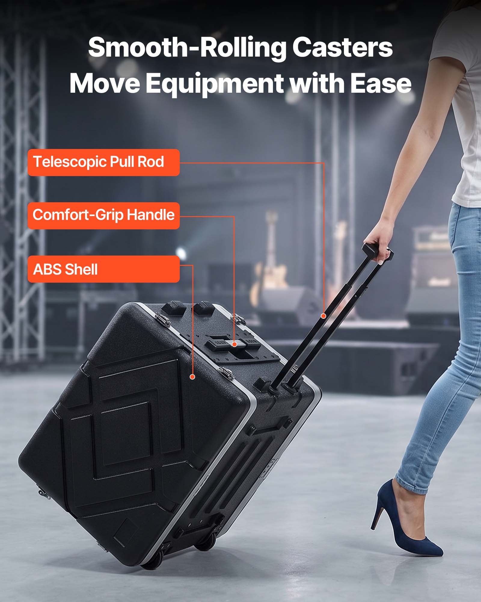 Smooth-Rolling Casters Move Equipment with Ease  
Telescopic Pull Rod  
Comfort-Grip Handle  
ABS Shell