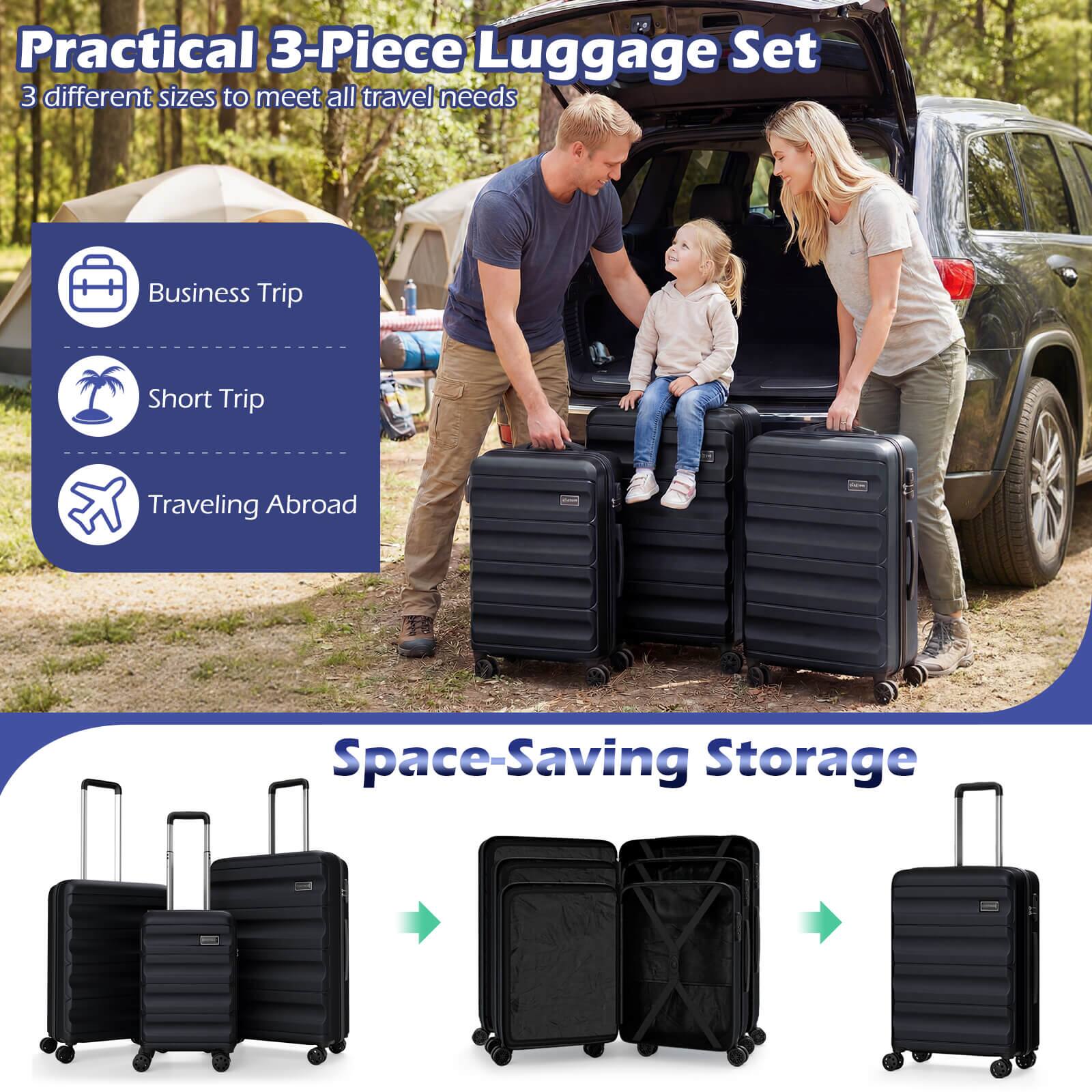 Practical 3-Piece Luggage Set  
3 different sizes to meet all travel needs  

- Business Trip  
- Short Trip  
- Traveling Abroad  

Space-Saving Storage