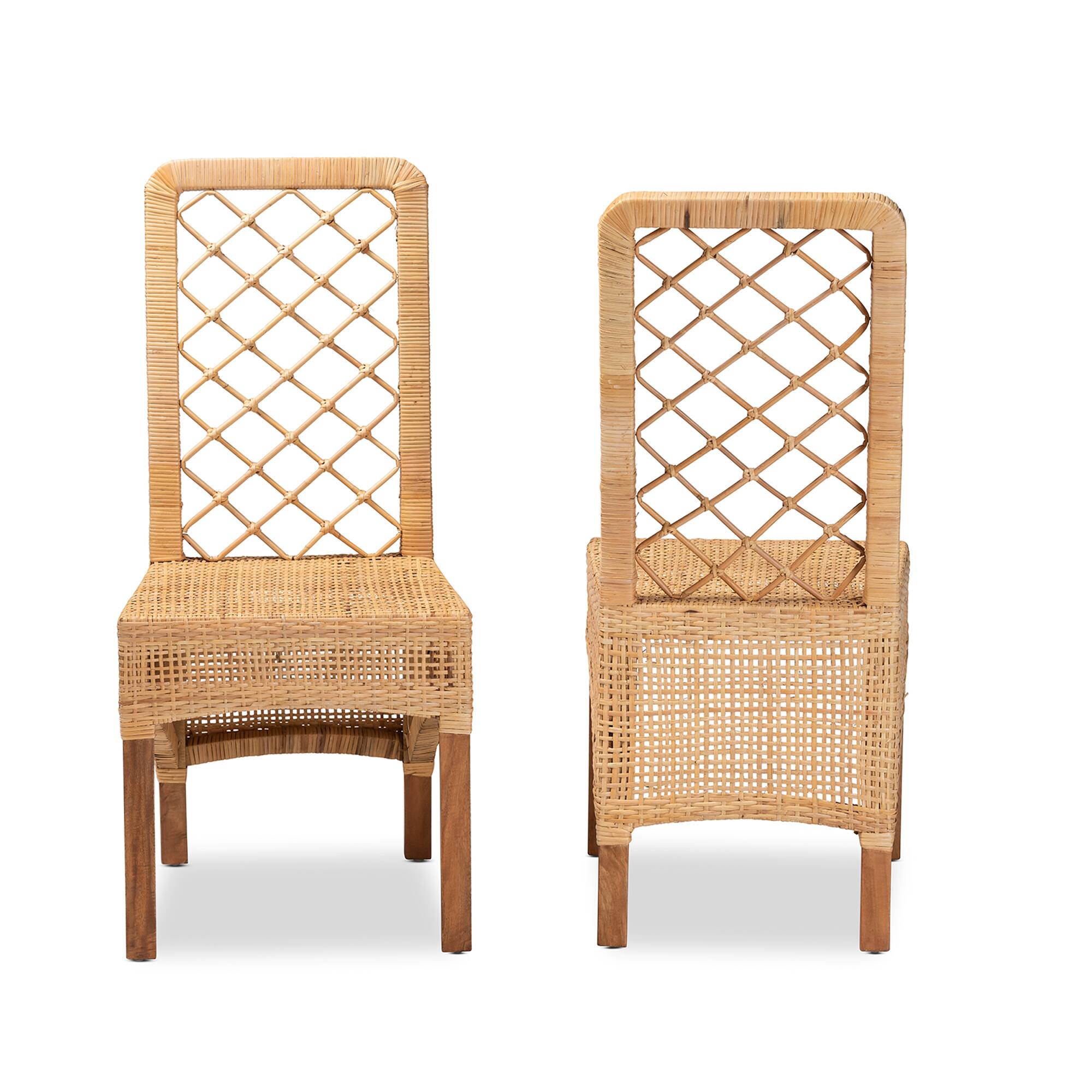 Angle. bali & pari - Moscow Modern Bohemian Rattan and Mahogany Wood 2-Piece Dining Chair Set - Natural Brown/Walnut Brown.
