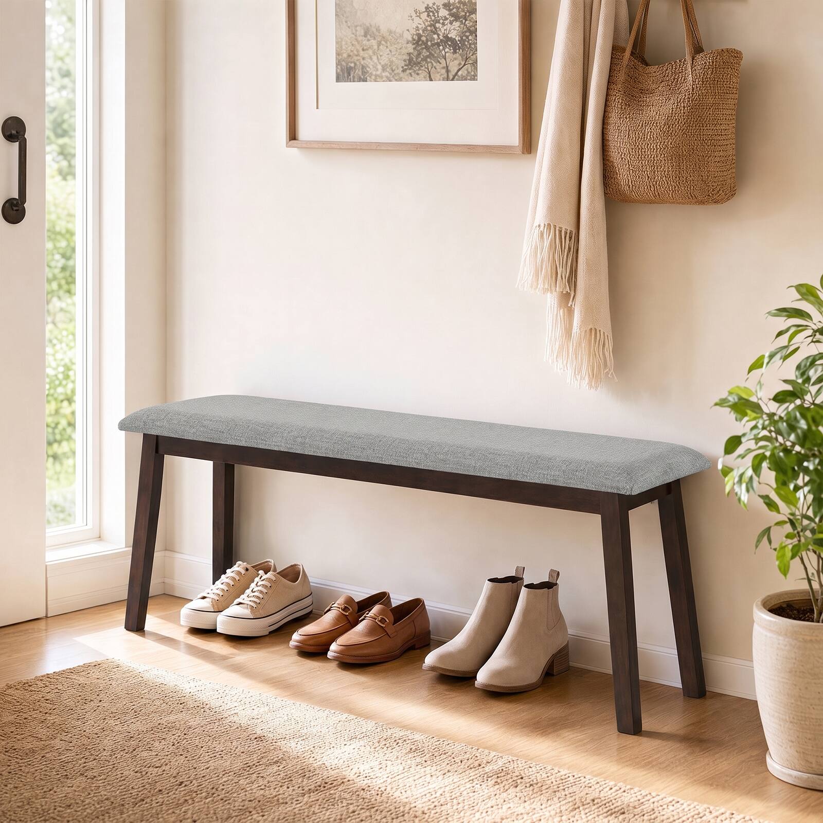 Alt View 1. Costway - Costway 43.5" Upholstered Entryway Bench with Rubber Wood Frame, Farmhouse End of Bed Bench - Gray.