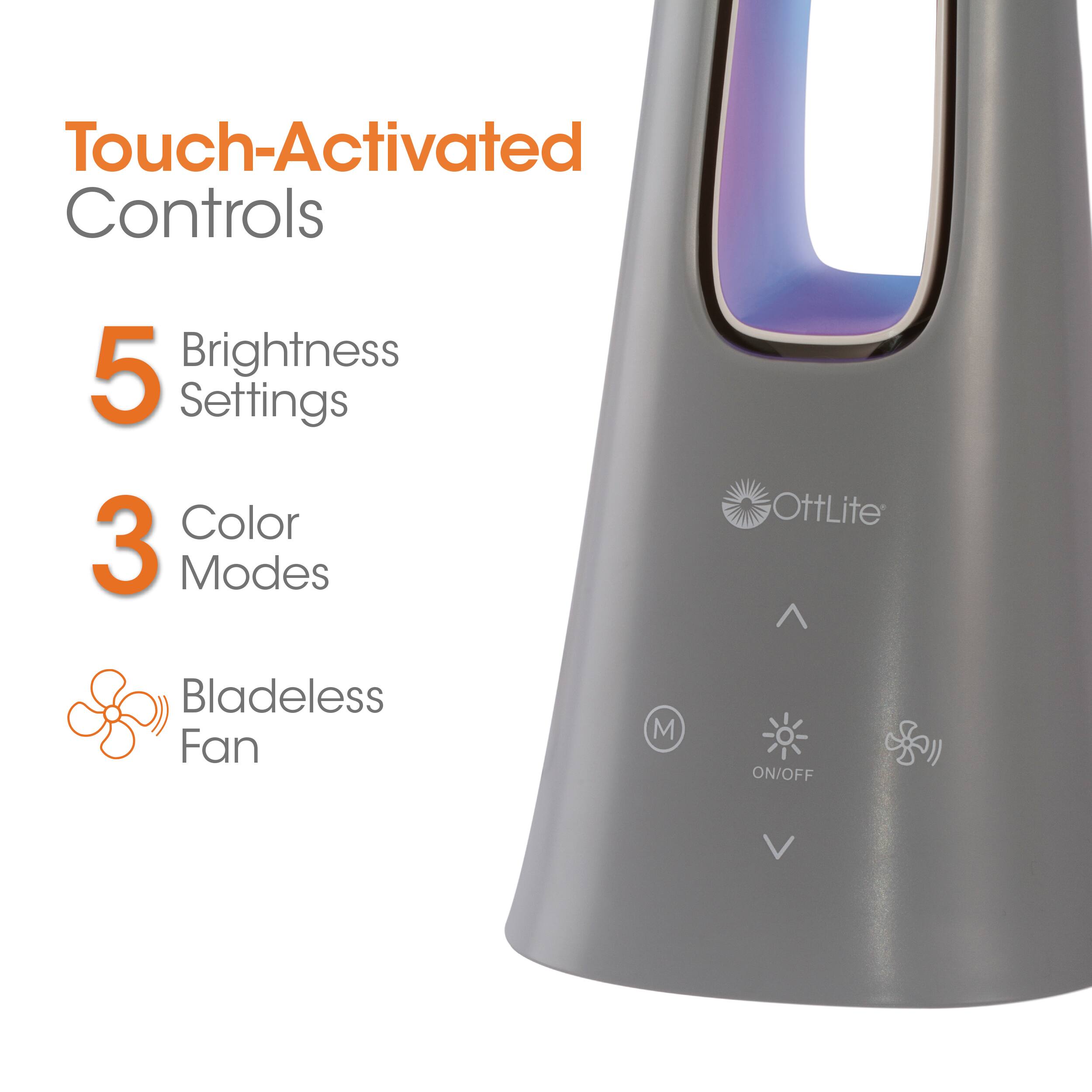 Touch-Activated Controls: 5 Brightness Settings, 3 Color Modes, Bladeless Fan.