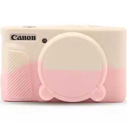 Front. RomeTech - Silicone Case for Canon PowerShot SX730 SX740 HS, Protective Cover & Lens Cap, White Pink.