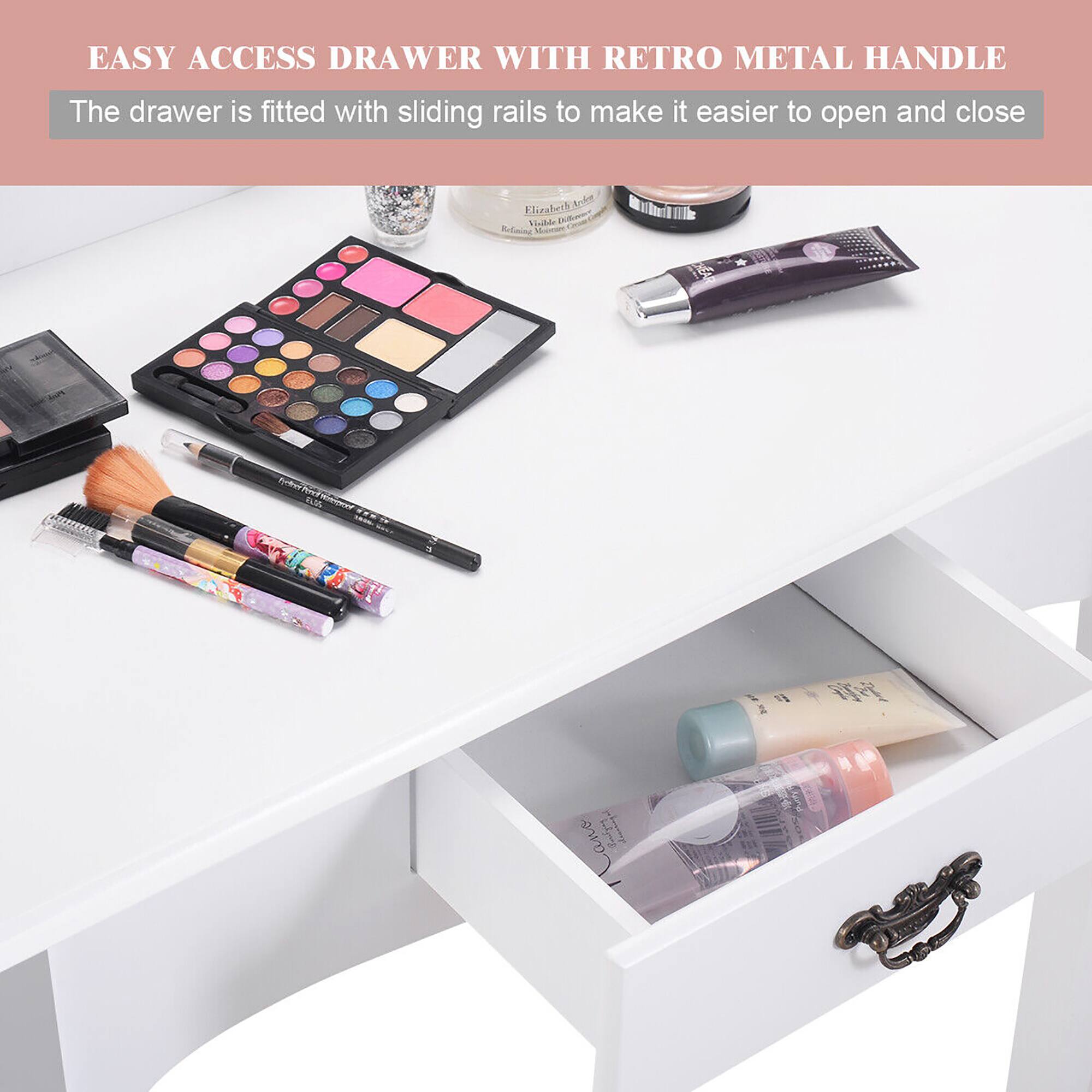 EASY ACCESS DRAWER WITH RETRO METAL HANDLE

The drawer is fitted with sliding rails to make it easier to open and close