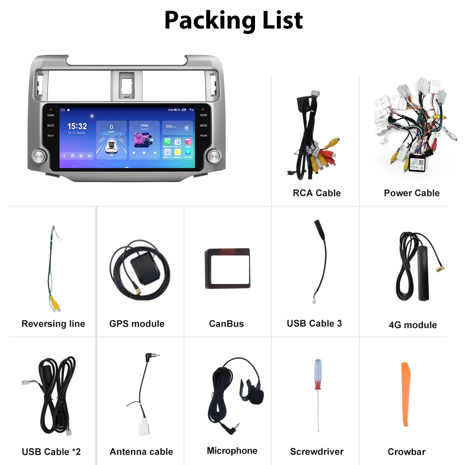 Packing List

- RCA Cable
- Power Cable
- Reversing line
- GPS module
- CanBus
- USB Cable *2
- Antenna cable
- Microphone
- Screwdriver
- Crowbar
- USB Cable 3
- 4G module