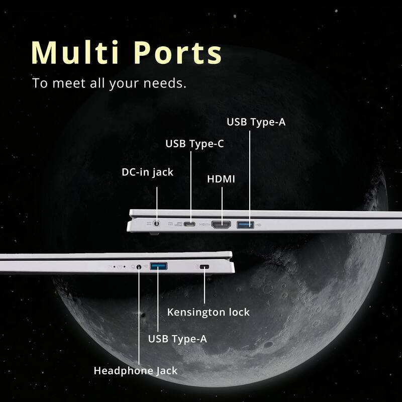 Multi Ports  
To meet all your needs.  

USB Type-A  
USB Type-C  
DC-in jack  
HDMI  
Kensington lock  
USB Type-A  
Headphone Jack
