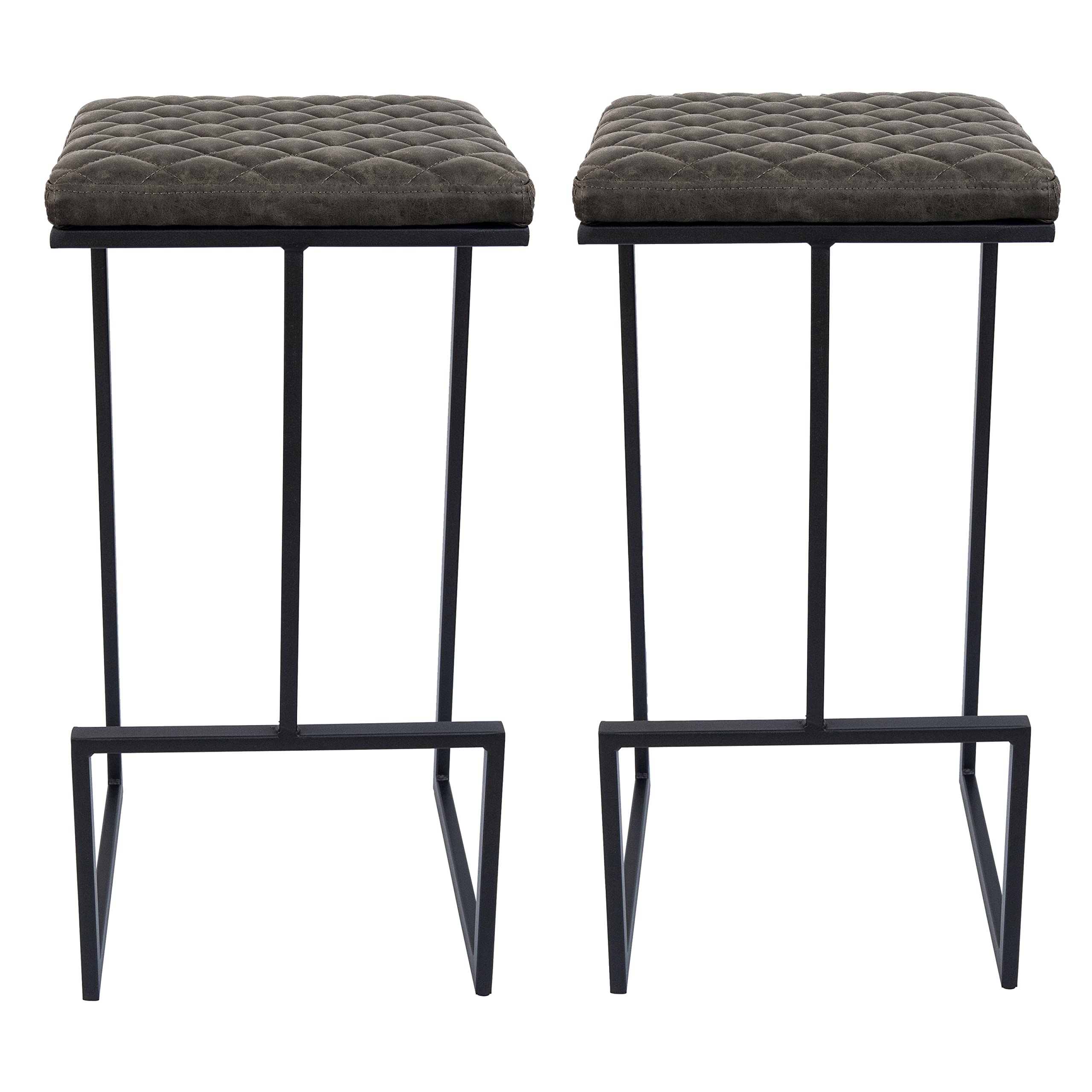 LeisureMod - Quincy Modern Quilted Leather Bar Stool with Black Metal Frame Counter Height Chair Set of 2 - Gray