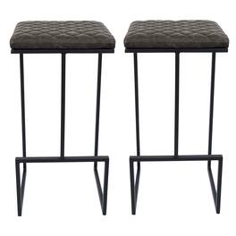 LeisureMod - Quincy Modern Quilted Leather Bar Stool with Black Metal Frame Counter Height Chair Set of 2 - Gray