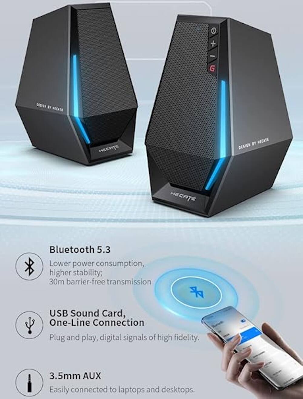 The text on the image reads:

"Bluetooth 5.3 Lower power consumption, higher stability; 30m barrier-free transmission USB Sound Card, One-Line Connection Plug and play, digital signals of high fidelity. 3.5mm AUX Easily connected to laptops and desktops."