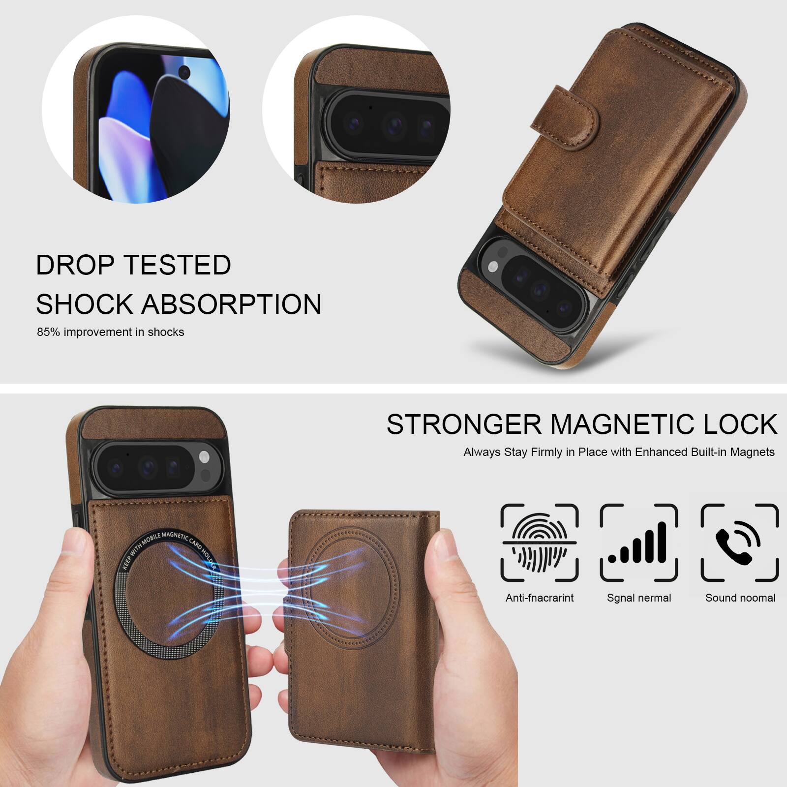 DROP TESTED  
SHOCK ABSORPTION  
85% improvement in shocks  

STRONGER MAGNETIC LOCK  
Always Stay Firmly in Place with Enhanced Built-in Magnets  

MOBILE MAGNETIC MITH E CARD-HOL  
Anti-fnacrarint  
Sgnai nermal  
Sound noomal