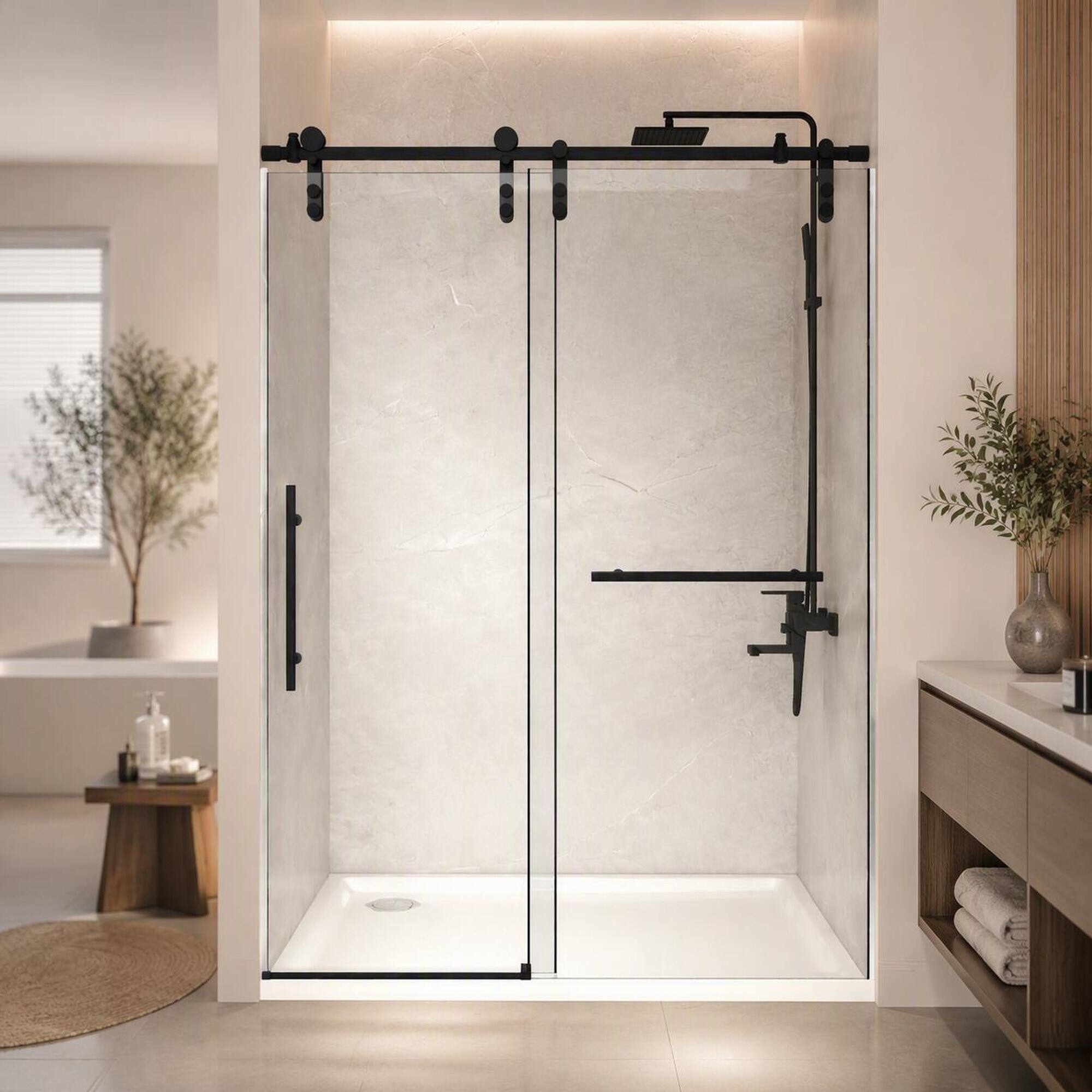 Front. RYHNUYNE - 50-54 In X 76 In H Frameless Sliding Shower Door, 5/16 In Clear Tempered Glass Matte Black Finish - Matte Black.