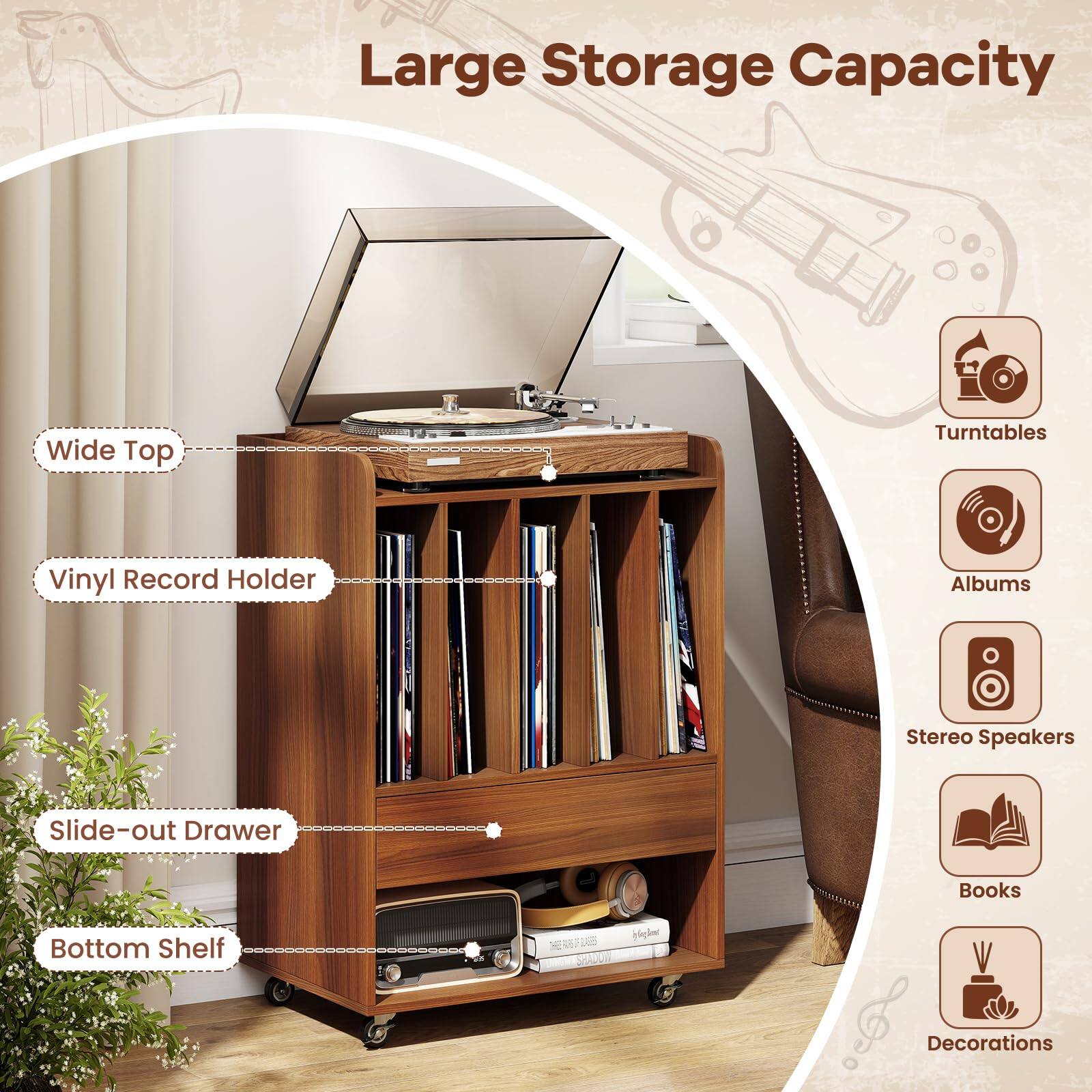 Large Storage Capacity  
Wide Top  
Turntables  
Vinyl Record Holder  
Albums  
Stereo Speakers  
Slide-out Drawer  
Books  
Bottom Shelf  
Decorations