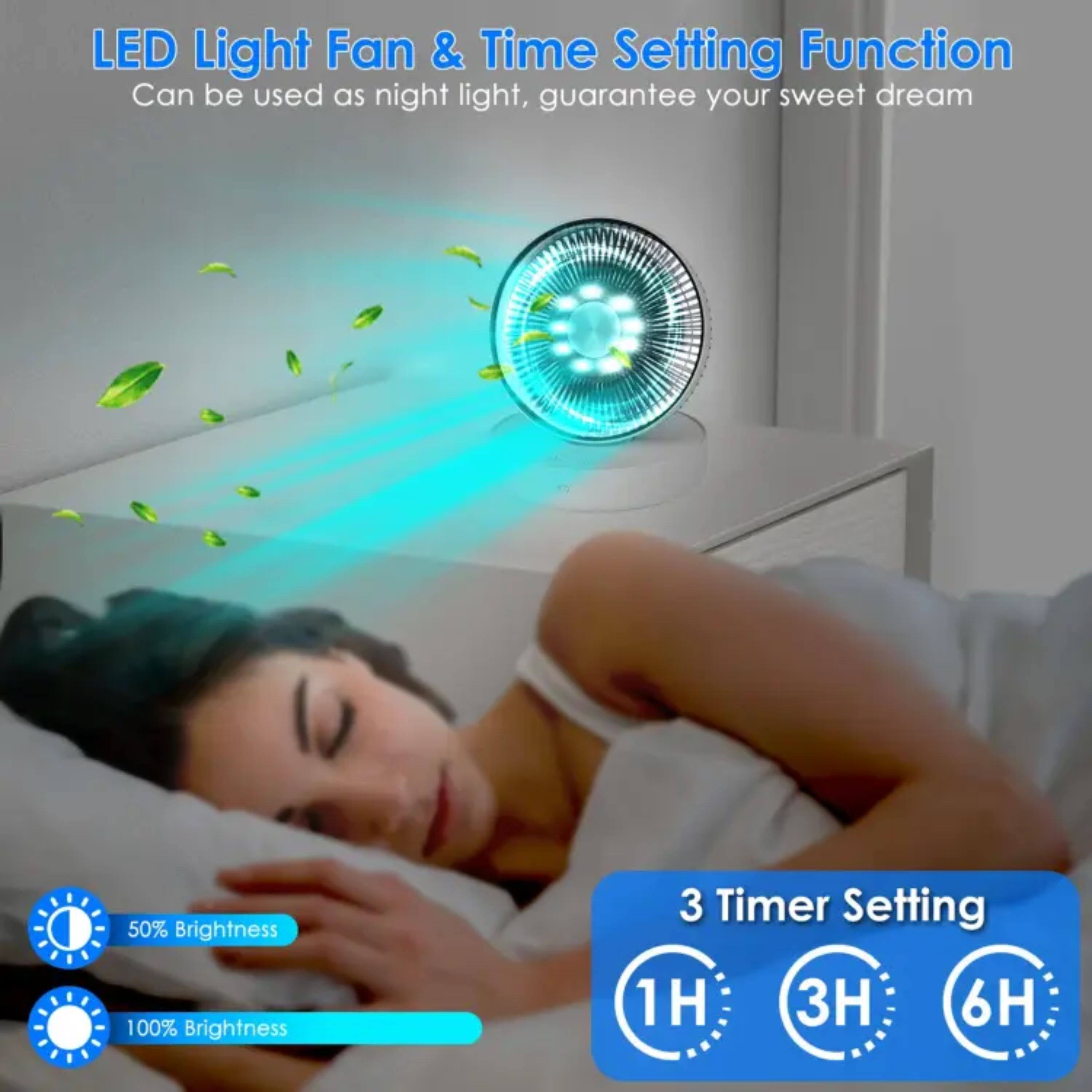LED Light Fan & Time Setting Function  
Can be used as night light, guarantee your sweet dream  

50% Brightness  
100% Brightness  

3 Timer Setting  
1H  
3H  
6H