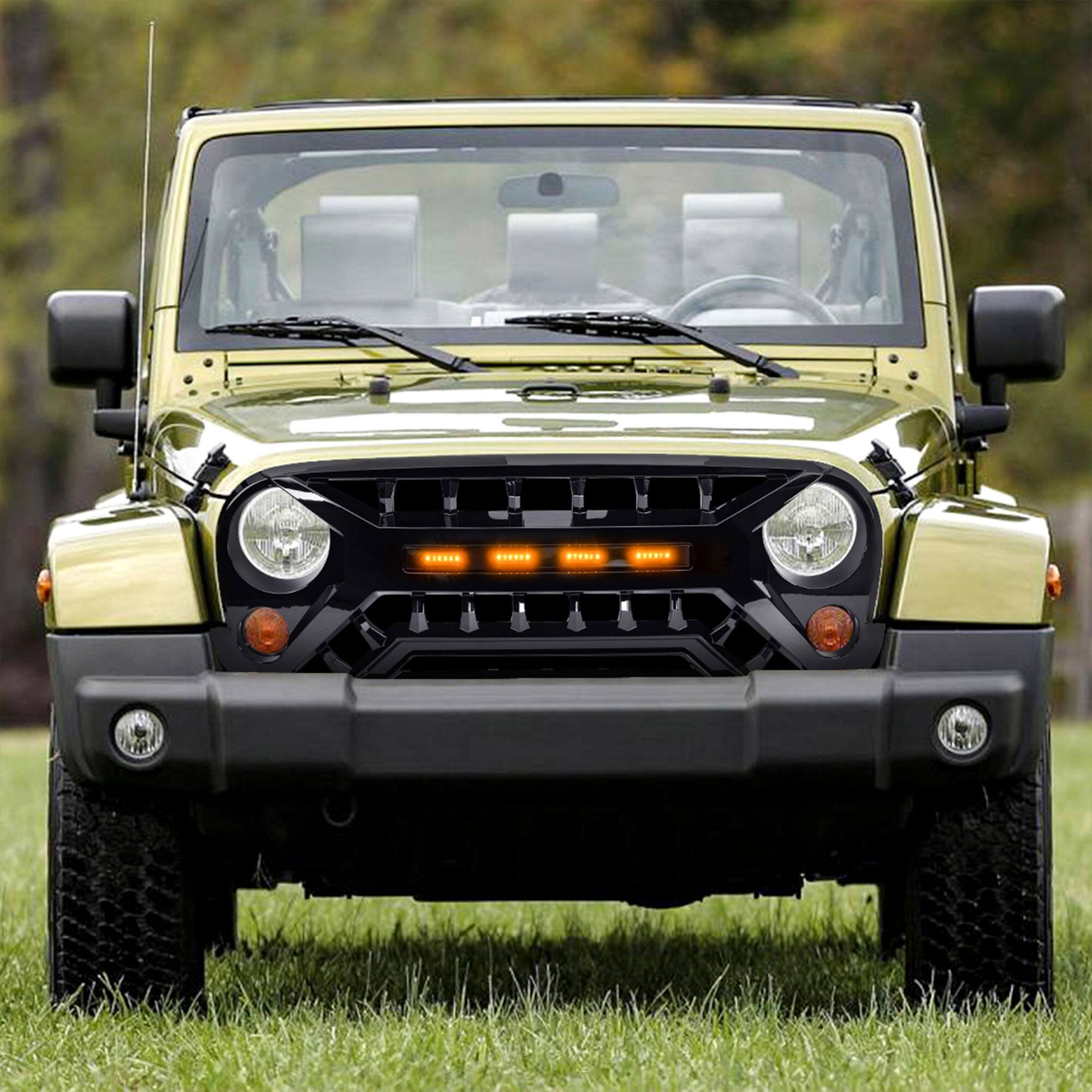 Alt View 5. AMERICAN MODIFIED - AMERICAN MODIFIED Armor Grille 07-18 Jeep Wrangler JK w/ Amber LED, Glossy Black - Glossy Black.