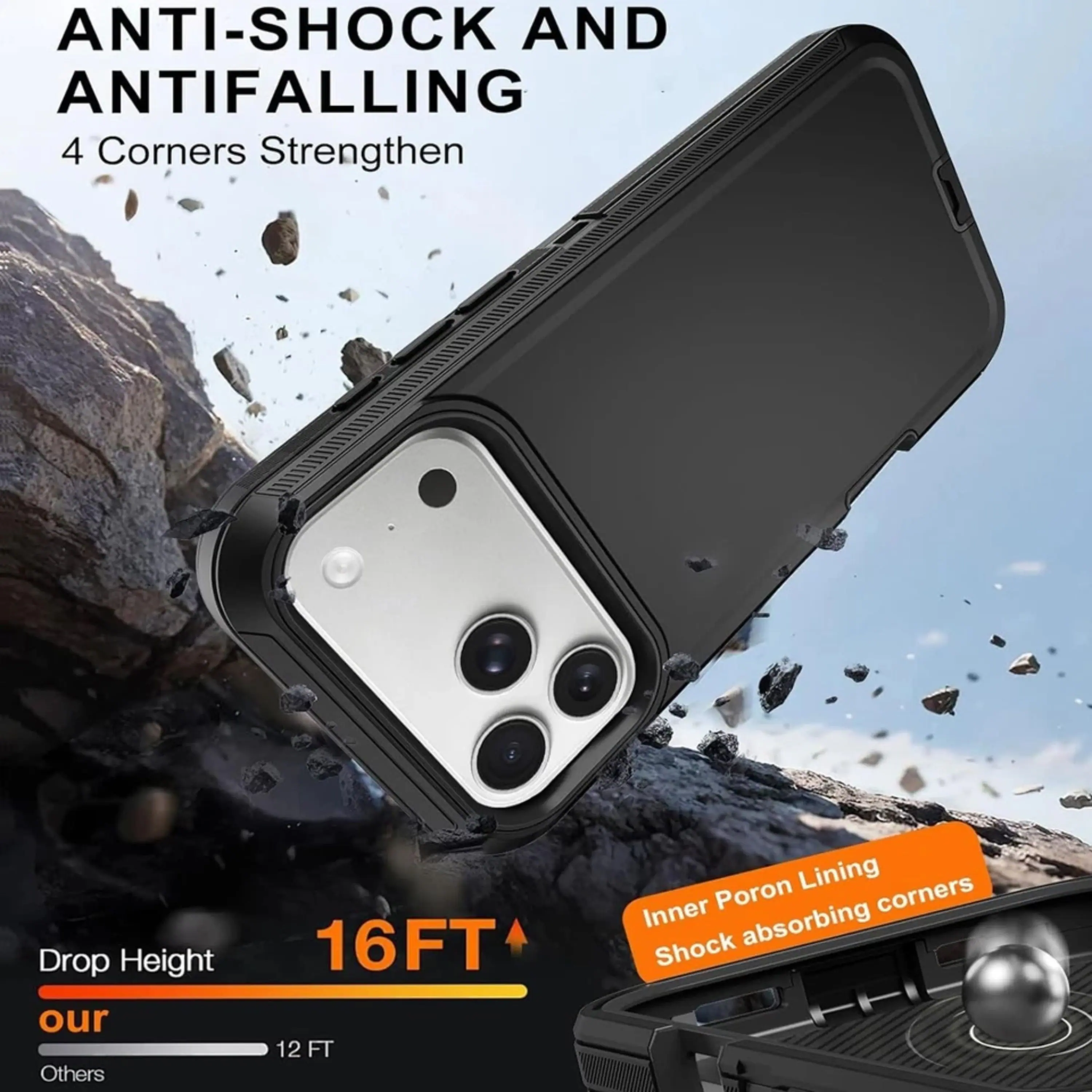ANTI-SHOCK AND ANTIFALLING  
4 Corners Strengthen  
Drop Height  
16FT  
our  
12 FT  
Others  
Inner Poron Lining  
Shock absorbing corners
